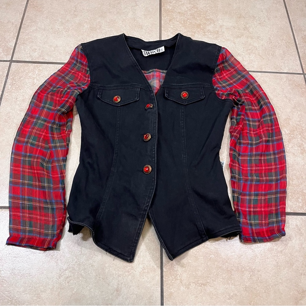 Vintage 90’s Women’s M Clueless Denim Jacket Sheer‎ Plaid Sleeve Back Corset